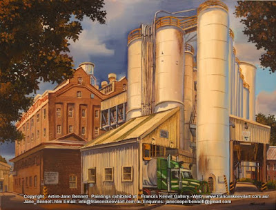 Plein air oil painting of  the Mungo Scott Flour Mills in Summer Hill painted by industrial heritage artist Jane Bennett